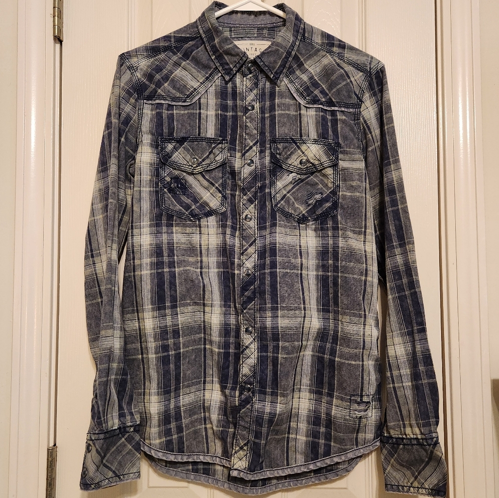 😎BKE Men's Vintage 67 Distressed Western Pearl Snap Standard Fit Plaid Shirt S